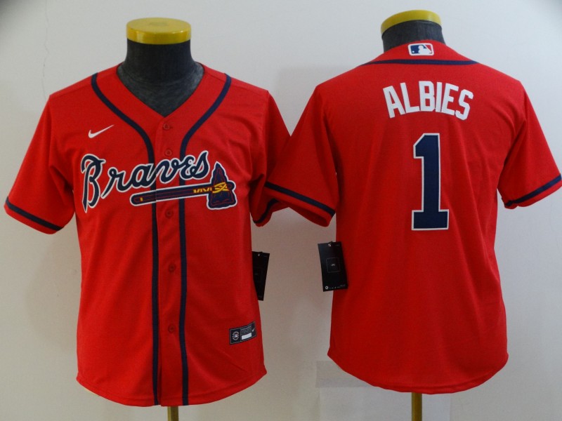 2021 Youth Atlanta Braves 1 Albies red Game MLB Jerseys